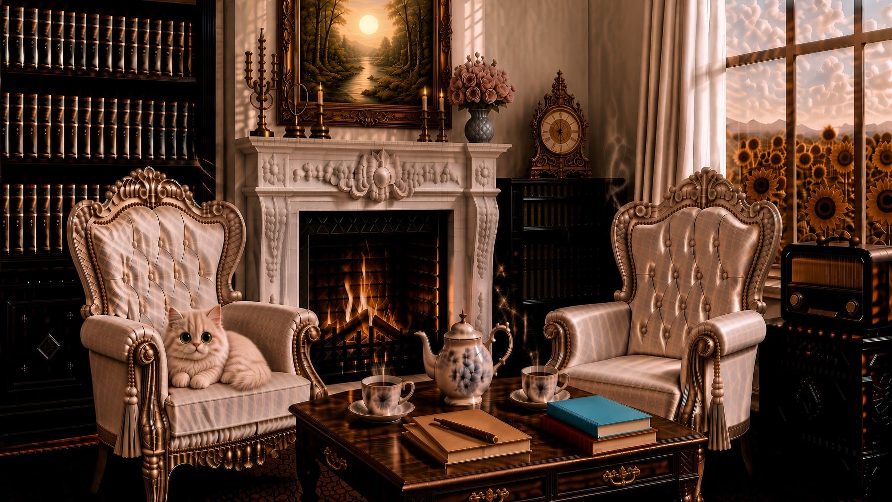 A snug British living room with a fireplace, bookshelves and armchairs (Standard)